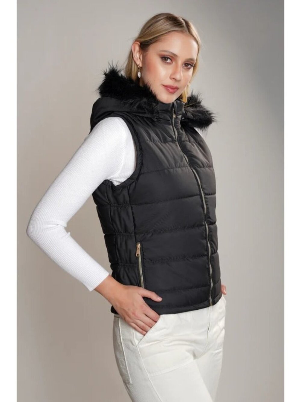 Calvin Klein Puffer Vest Jacket Size Small Black Faux Fur Detachable Hood